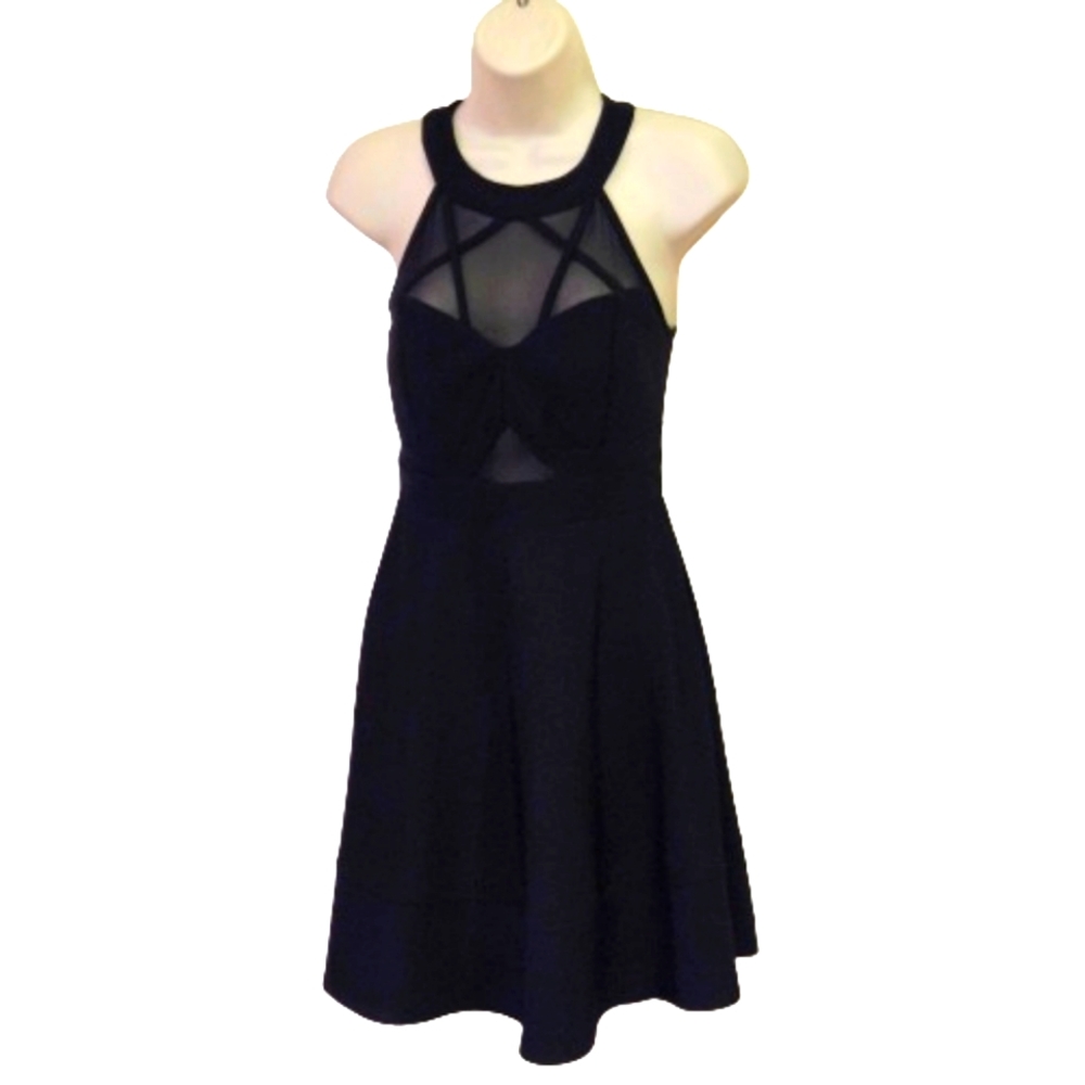 Emerald Sundae Black Sleeveless, Mesh Illusion A-Line Mini Dress,Large